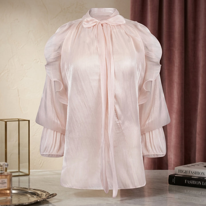 Draperad Blus i Polyester med Knutkrage och Vidutställda Ärmar
